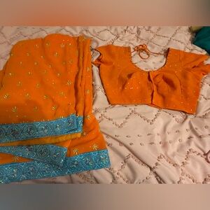 Orange Saree with Blue Border